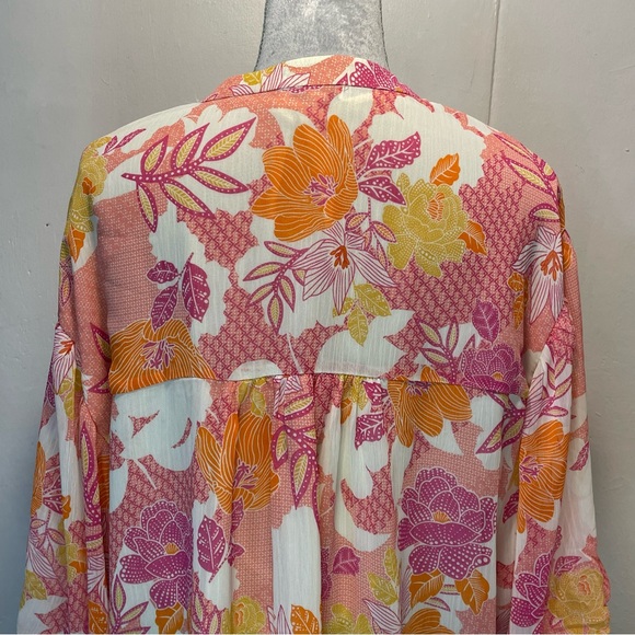 #0238 Fate-Pink & Orange Blouse Vibrant Top Front Buttons Puff Sleeves-S - Picture 5 of 7